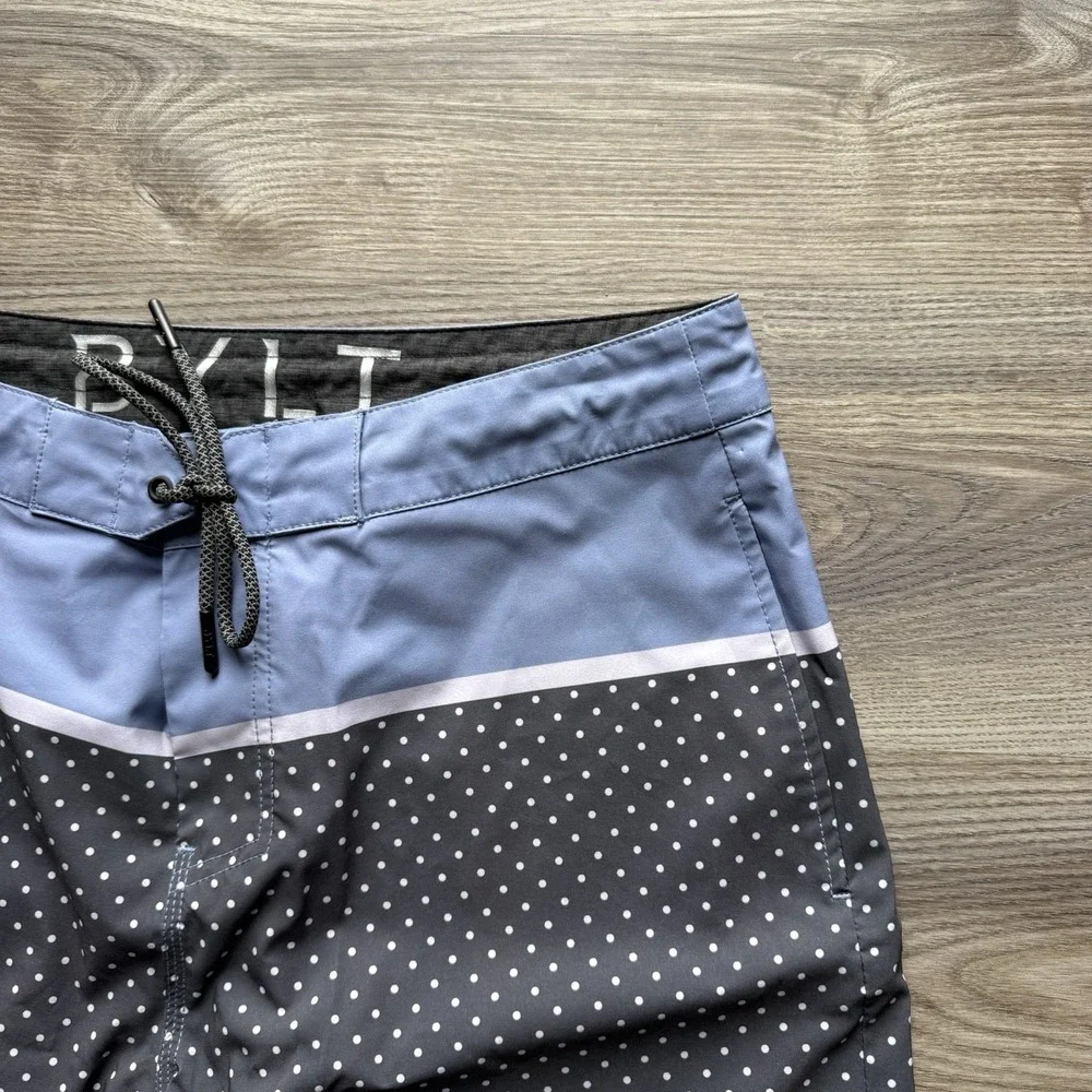 BYLT Coastal Board Shorts Blue‎ Black Dot Lightweight Pockets Swim Mens L